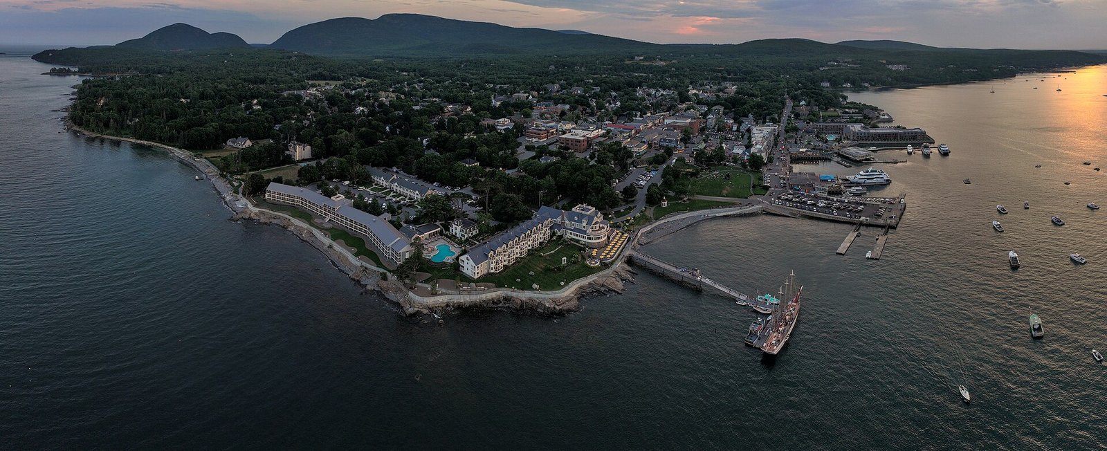 Aerial view of the town of Bar Harbor, Maine, at sunset