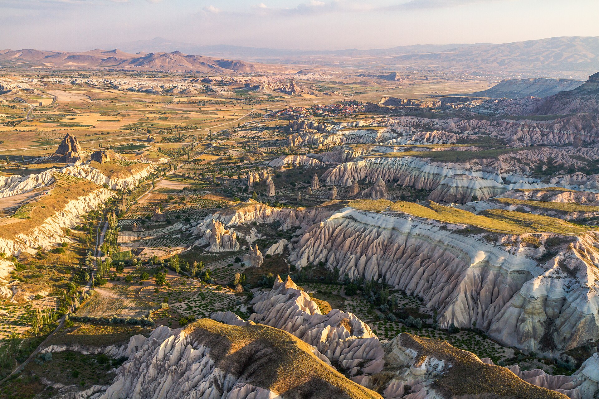 Aerial view of the volcanic valleys of Cappadocia in Turkey
