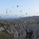 Hot air balloons rising over the valleys near Goreme in Cappadocia at dawn