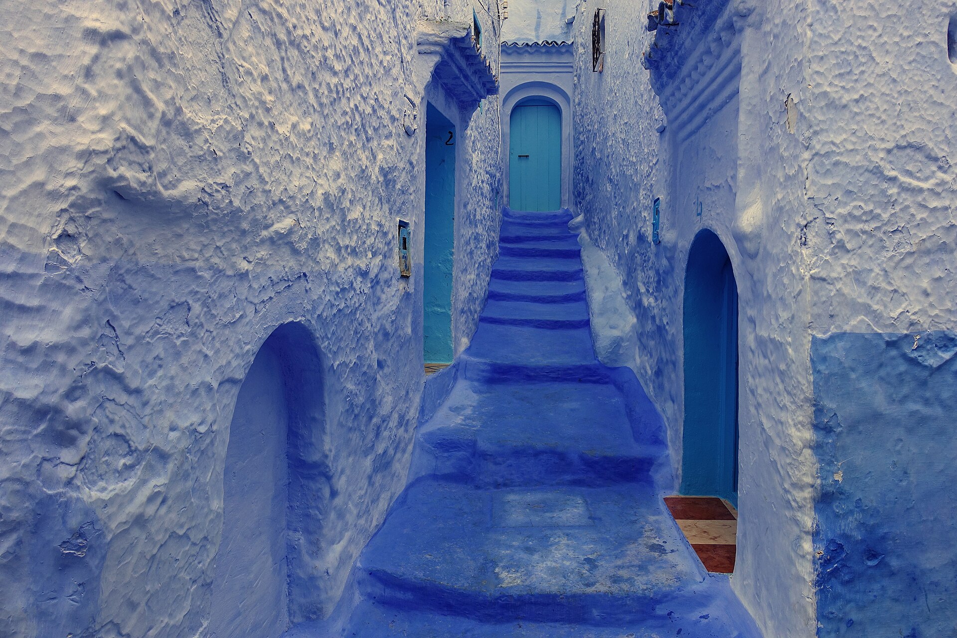 A blue-painted staircase street in the medina of Chefchaouen