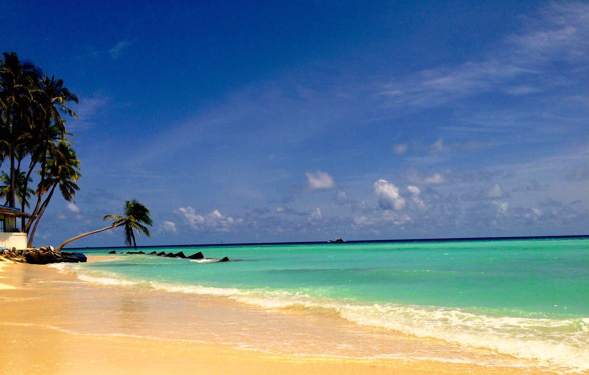 The bikini beach on Maafushi, a local island in the South Male Atoll of the Maldives