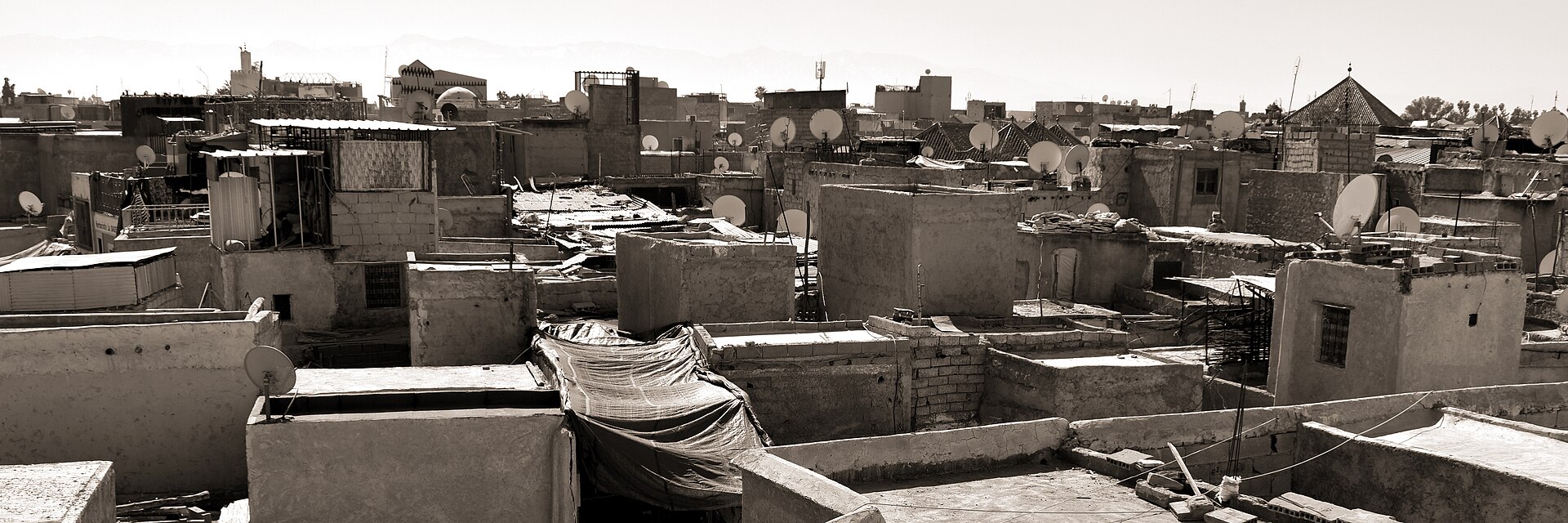 Rooftops of the Marrakech medina with the Atlas Mountains behind