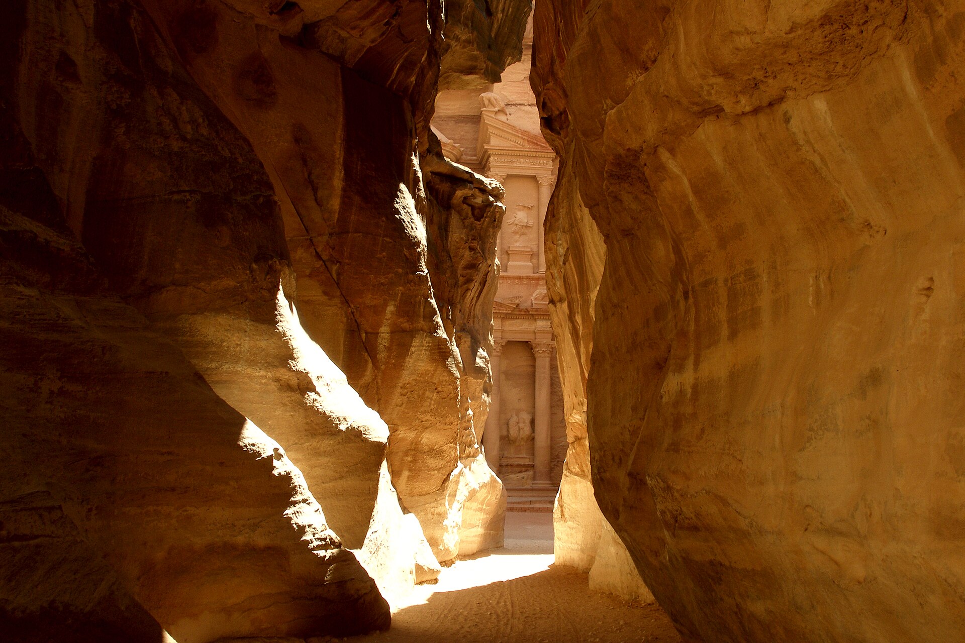 The narrow Siq canyon that leads into Petra, Jordan