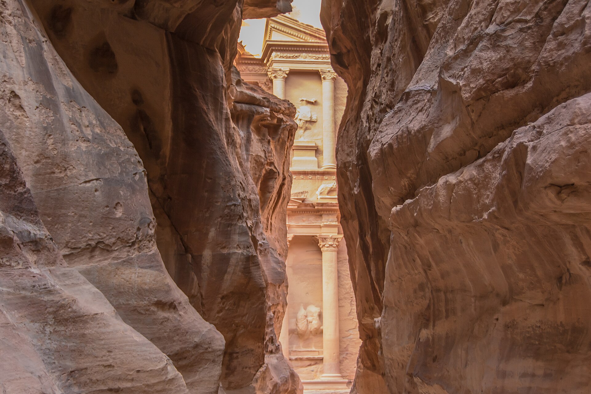First view of the Treasury from the end of the Siq at Petra
