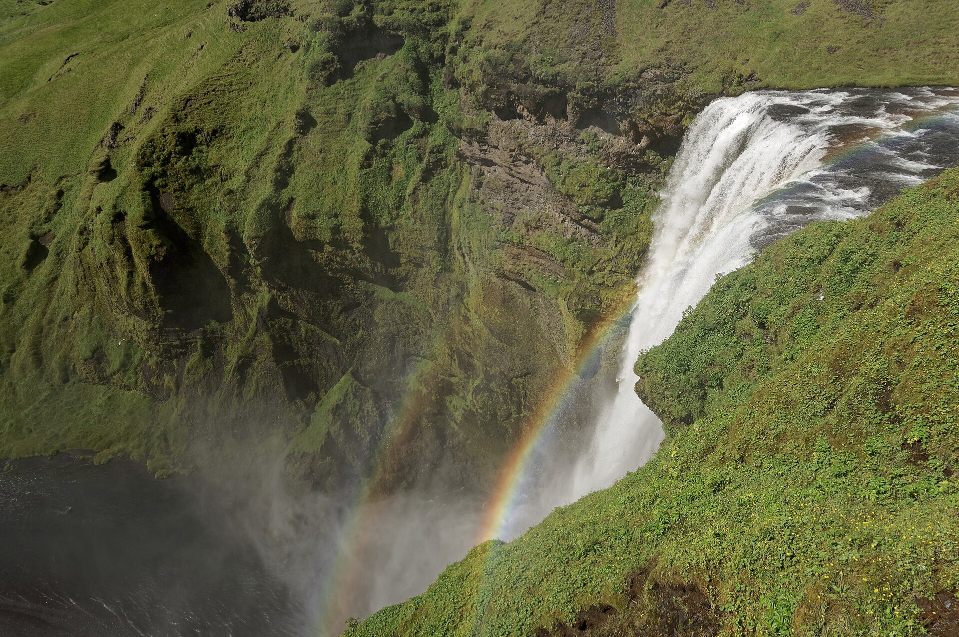 Skogafoss, a wide waterfall on Iceland's south coast