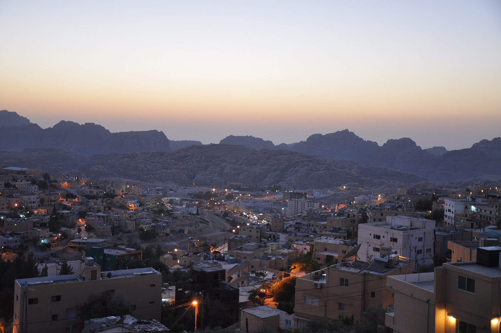 Wadi Musa, the town beside Petra, at dusk in Jordan